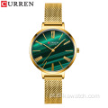 CURREN 9076 charme feminino relógios de pulso de couro pequeno mostrador verde relógio de quartzo presente de luxo para esposa vestido namorada vestido feminino relógio